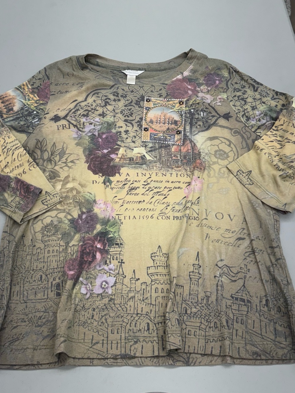 CJ Banks Beige Floral Short Sleeve Tee with Purple Accents